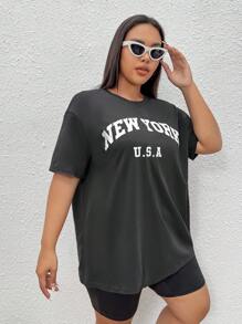 SHEIN EZwear Plus Letter Graphic Drop Shoulder Tee - Dark Grey - View 3