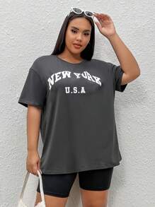 SHEIN EZwear Plus Letter Graphic Drop Shoulder Tee - Dark Grey - View 4