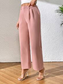 SHEIN PETITE Quần nữ Nút Túi Dây kéo màu trơn Thanh lịch - Màu Hồng  San hô - Xem 4