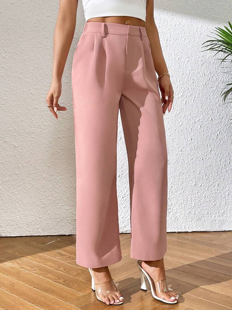 SHEIN PETITE High Waist Plicated Detail Pants - Coral Pink - View 5