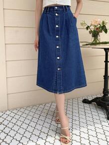DAZY 高腰前紐扣牛仔半身裙 - 深色水洗藍 - 查看 2