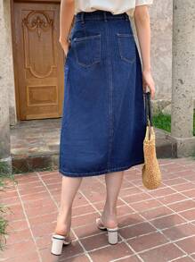 DAZY 高腰前紐扣牛仔半身裙 - 深色水洗藍 - 查看 3