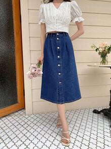 DAZY 高腰前紐扣牛仔半身裙 - 深色水洗藍 - 查看 6
