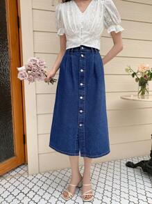 DAZY 高腰前紐扣牛仔半身裙 - 深色水洗藍 - 查看 7