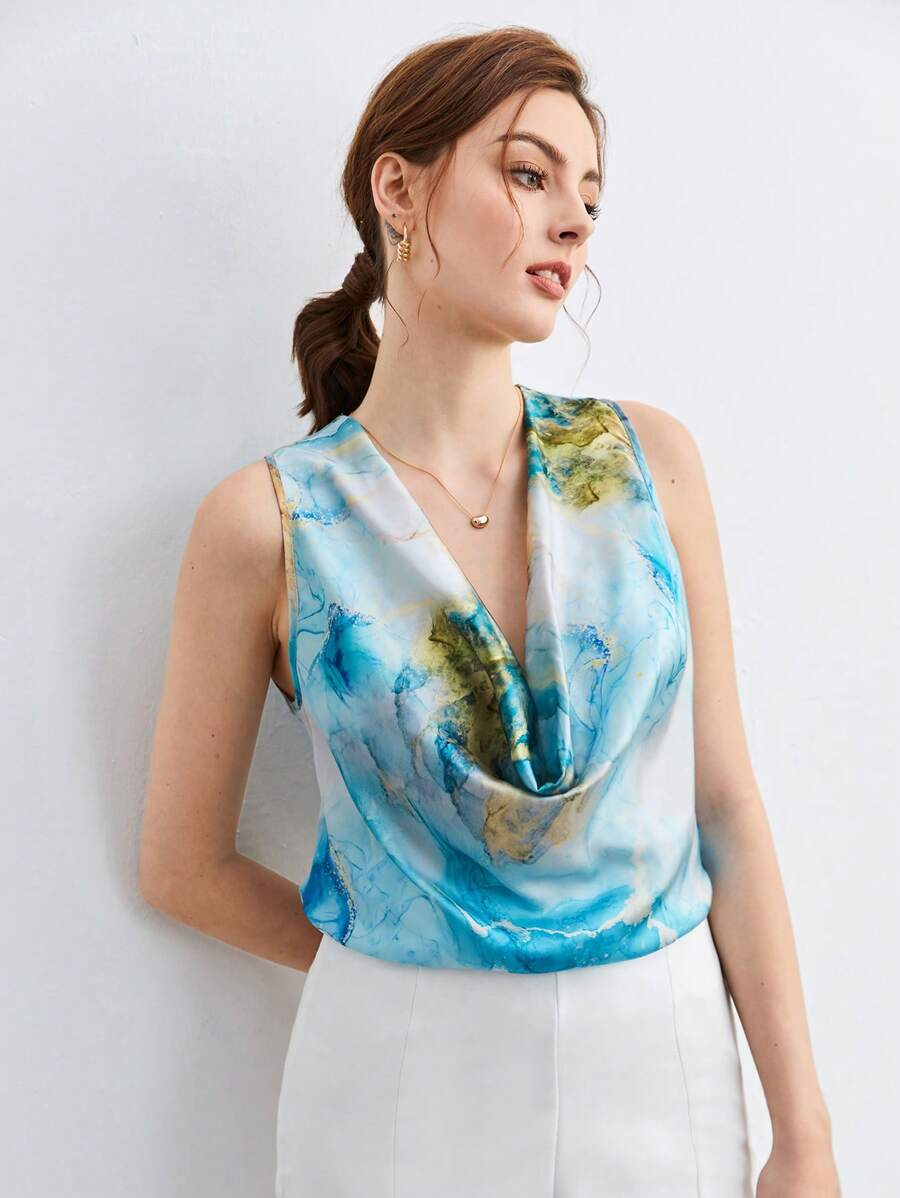 BizChic Marble Print Cowl Neck Top Workwear - Multicolor - View 1