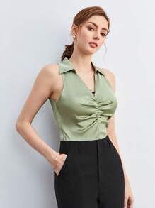 BizChic Ruched Front Sleeveless Solid Blouse Workwear - Mint Green - View 5