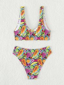 Fruit Print V Neck Bikini Set For Summer Beach - Multicolor - View 4