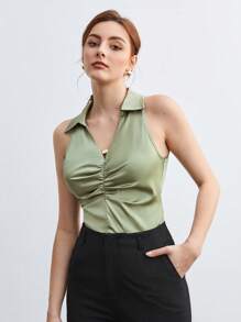 BizChic Ruched Front Sleeveless Solid Blouse Workwear - Mint Green - View 6