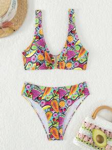 Fruit Print V Neck Bikini Set For Summer Beach - Multicolor - View 2