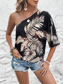 SHEIN VCAY Tropical Print One Shoulder Batwing Sleeve Blouse - Black - View 4