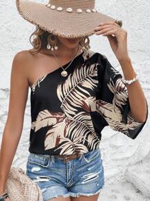 SHEIN VCAY Tropical Print One Shoulder Batwing Sleeve Blouse - Black - View 1