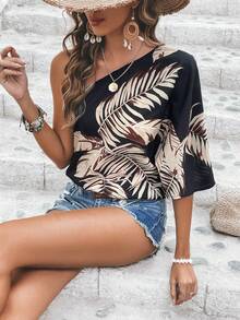 SHEIN VCAY Tropical Print One Shoulder Batwing Sleeve Blouse - Black - View 5