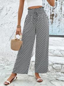 SHEIN Frenchy 滿版印花紙袋腰前繫帶闊腿褲 - 黑色 - 查看 1