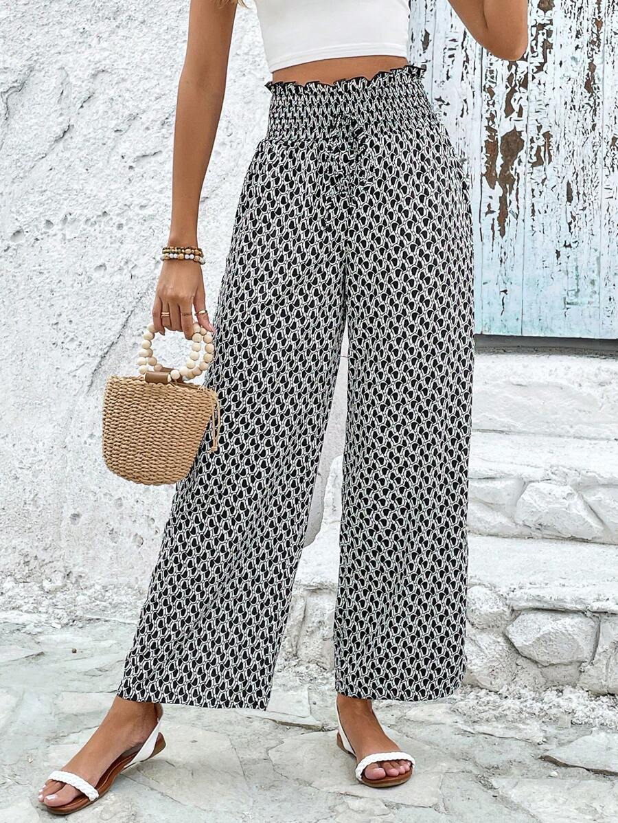 SHEIN Frenchy 滿版印花紙袋腰前繫帶闊腿褲 - 黑色 - 查看 1