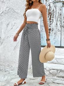 SHEIN Frenchy 滿版印花紙袋腰前繫帶闊腿褲 - 黑色 - 查看 6