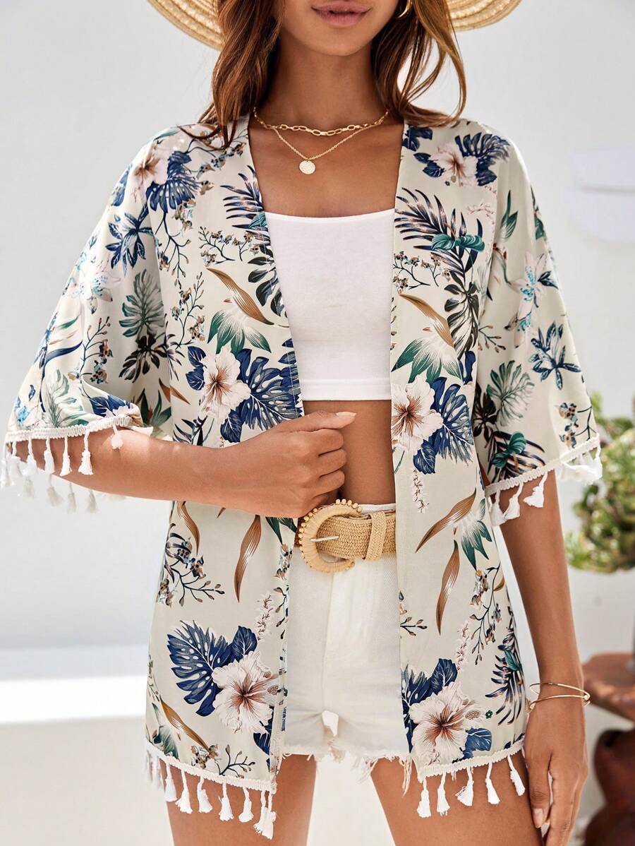 Swim Vcay Tropical Print Tassel Trim Kimono Summer - Multicolor - View 1