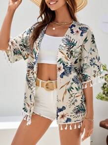 Swim Vcay Tropical Print Tassel Trim Kimono Summer - Multicolor - View 3