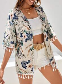 Swim Vcay Tropical Print Tassel Trim Kimono Summer - Multicolor - View 4