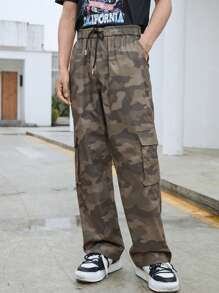 Manfinity EMRG Men Camo Print Flap Pocket Side Drawstring Waist Cargo Trousers - Army Green - View 3