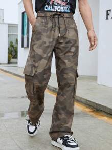 Manfinity EMRG Men Camo Print Flap Pocket Side Drawstring Waist Cargo Trousers - Army Green - View 4