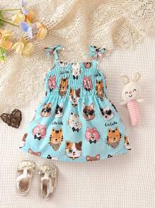 Baby Cartoon Graphic Bow Shoulder Cami Dress - Blue - View 1