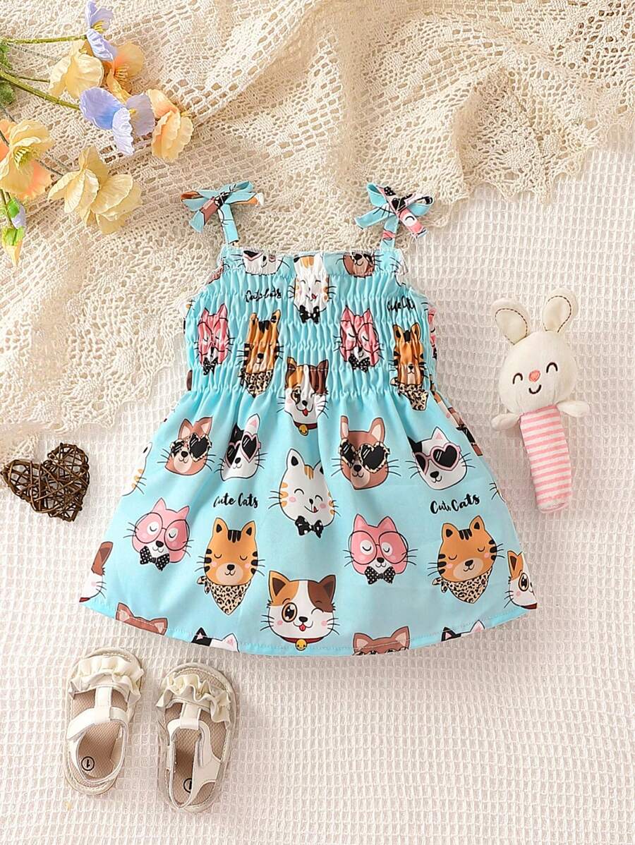 Baby Cartoon Graphic Bow Shoulder Cami Dress - Blue - View 1