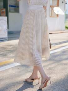 DAZY Váy mùa hè màu trơn, eo bất đối xứng - Màu be - Xem 3