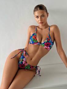 SHEIN Tropical Print Triangle Tie Side Bikini Set For Summer Beach - Multicolor - View 1