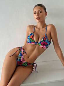 SHEIN Tropical Print Triangle Tie Side Bikini Set For Summer Beach - Multicolor - View 3