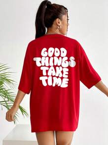 INAWLY Áo thun oversized hở vai họa tiết khẩu hiệu GOOD THINGS TAKE TIME Áo thun họa tiết dành cho nữ - Đỏ - Xem 1
