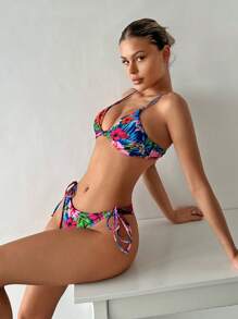 SHEIN Tropical Print Triangle Tie Side Bikini Set For Summer Beach - Multicolor - View 4