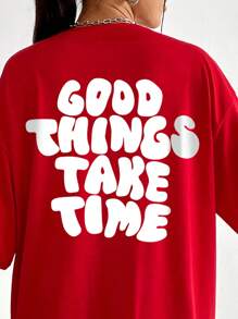 INAWLY Áo thun oversized hở vai họa tiết khẩu hiệu GOOD THINGS TAKE TIME Áo thun họa tiết dành cho nữ - Đỏ - Xem 4