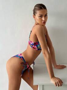 SHEIN Tropical Print Triangle Tie Side Bikini Set For Summer Beach - Multicolor - View 5