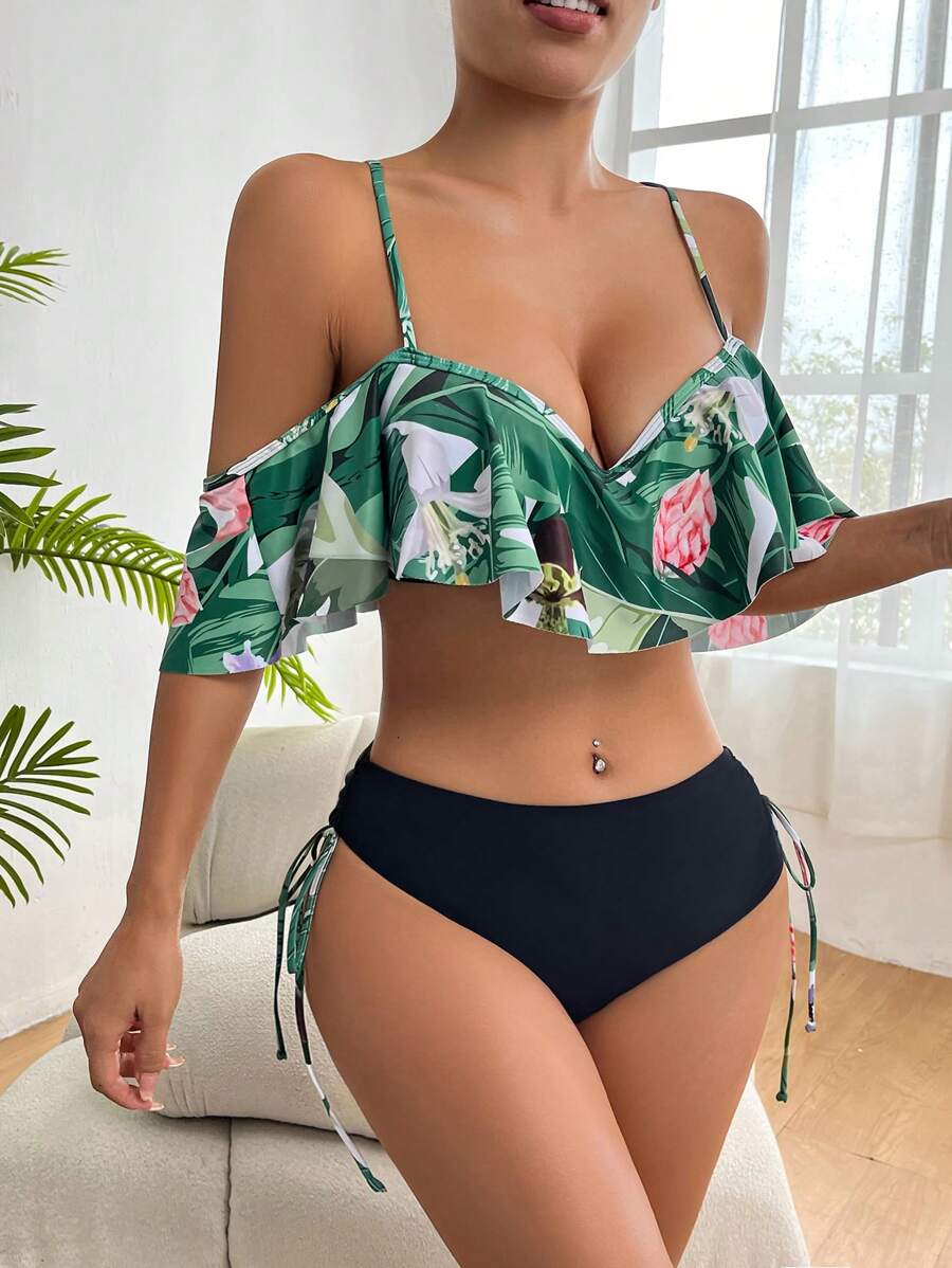 SHEIN Bañador bikini push up con estampado tropical fruncido - Multicolor - Ver 1