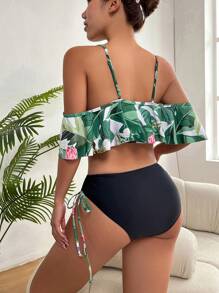 SHEIN Bañador bikini push up con estampado tropical fruncido - Multicolor - Ver 2