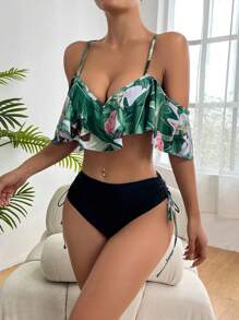 SHEIN Bañador bikini push up con estampado tropical fruncido - Multicolor - Ver 4