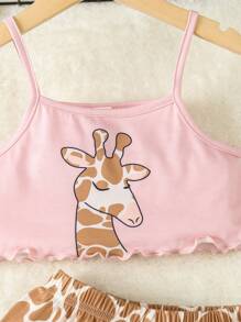 Toddler Girls Giraffe Print Lettuce Trim Cami Top & Shorts PJ Set - Multicolor - View 3
