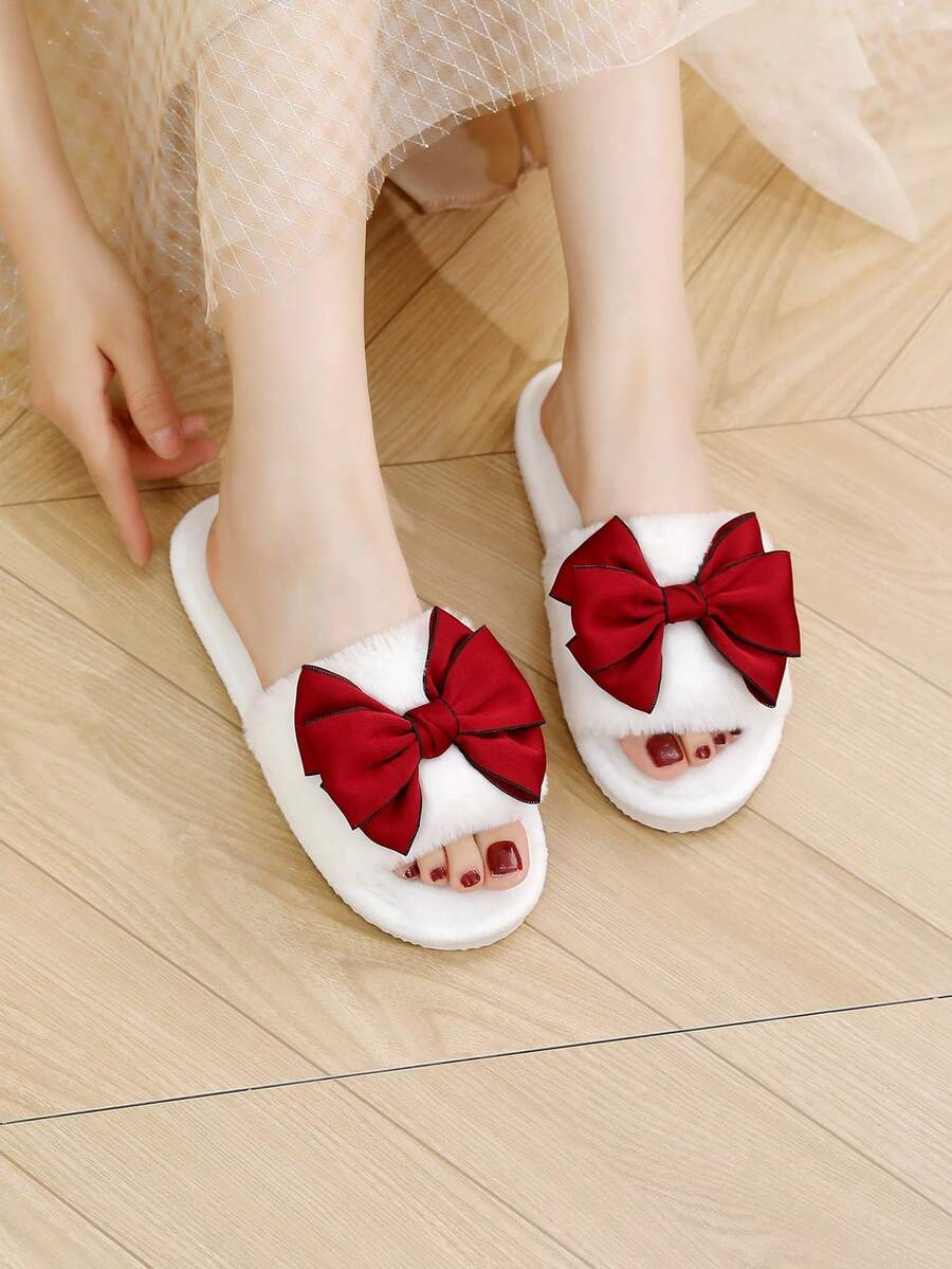 學院臥室拖鞋適用於蝴蝶結裝飾毛茸茸濃烈香調室內家居拖鞋