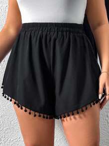 SHEIN VCAY 大碼素色小絨球邊短褲 - 黑色 - 查看 5