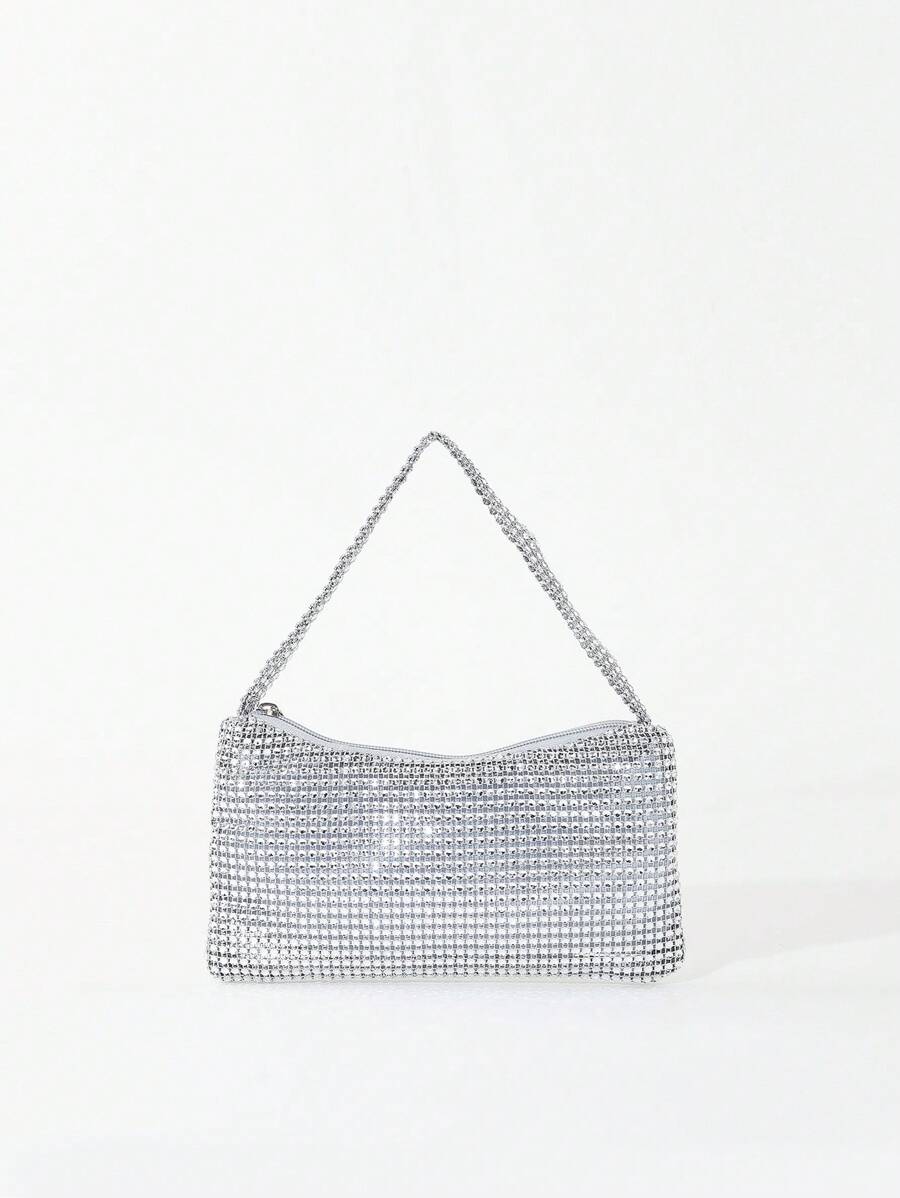 银色闪亮仿水钻塑料拉链手拿包，非常适合派对、聚会和婚礼仪式，迷人的水钻包