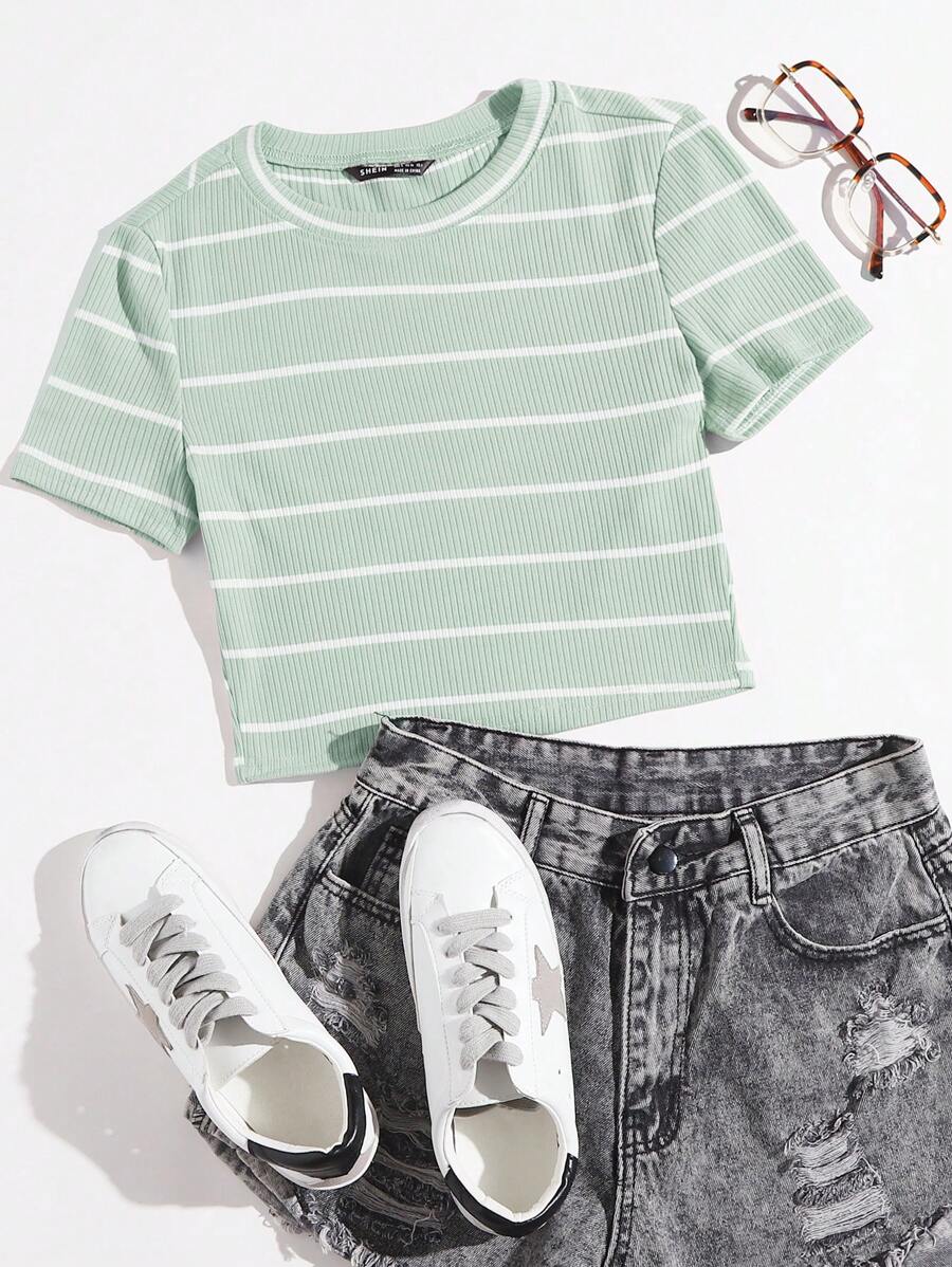 SHEIN EZwear Striped Print Rib-knit Crop Tee - Mint Green - View 1
