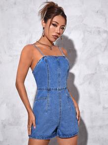 SHEIN EZwear 後拉鏈牛仔吊帶連體短褲 - 中等水洗藍 - 查看 1