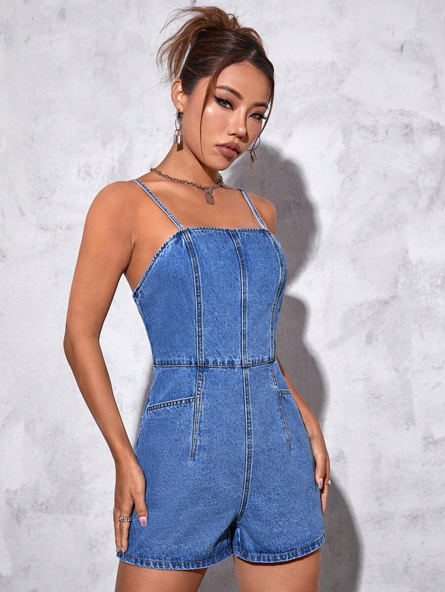 SHEIN EZwear 後拉鏈牛仔吊帶連體短褲 - 中等水洗藍 - 查看 1