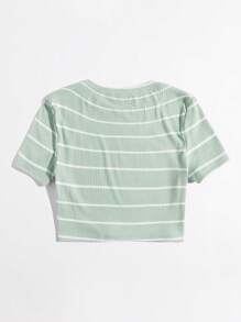 SHEIN EZwear Striped Print Rib-knit Crop Tee - Mint Green - View 2