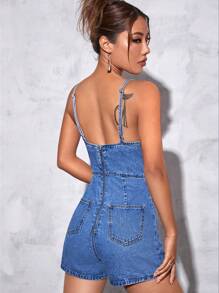 SHEIN EZwear 後拉鏈牛仔吊帶連體短褲 - 中等水洗藍 - 查看 2