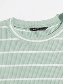 SHEIN EZwear Striped Print Rib-knit Crop Tee - Mint Green - View 4