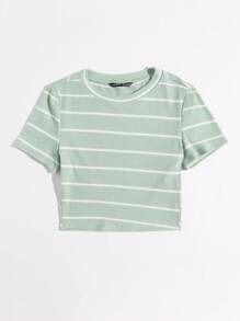 SHEIN EZwear Striped Print Rib-knit Crop Tee - Mint Green - View 5