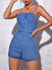 SHEIN EZwear 後拉鏈牛仔吊帶連體短褲 - 中等水洗藍 - 查看 4
