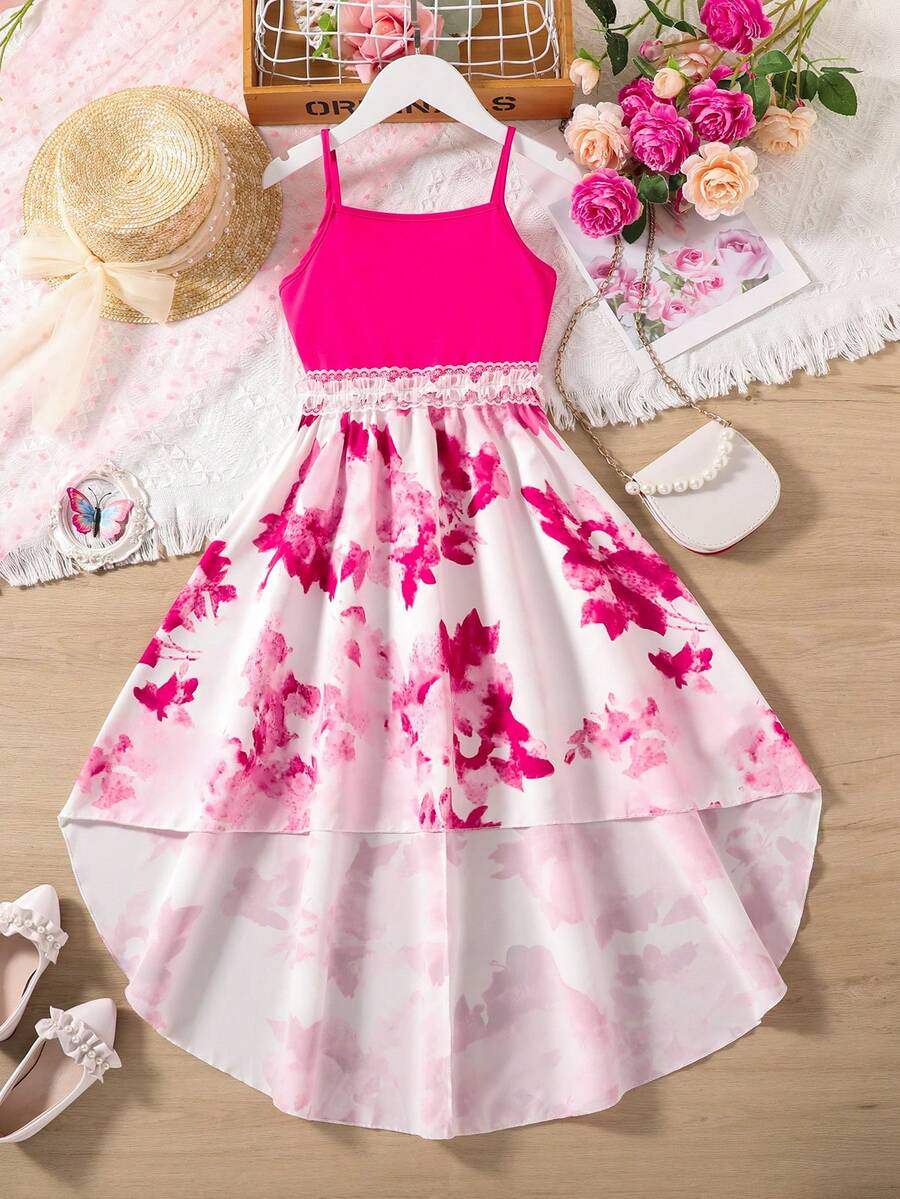 Girls Floral Print Contrast Lace High Low Hem Cami Dress - Multicolor - View 1