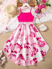 Girls Floral Print Contrast Lace High Low Hem Cami Dress - Multicolor - View 2
